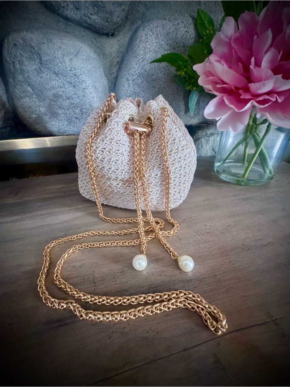 NWT Cream Crochet Mini Drawstring Bag with Gold Chain